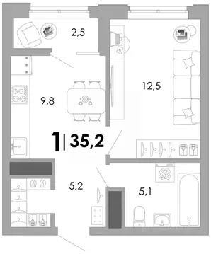 1-к кв. Владимирская область, Владимир Уно жилой комплекс (35.17 м)