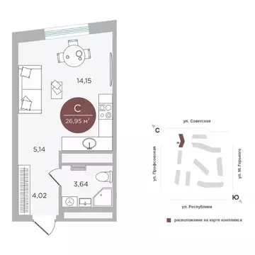 Студия Тюменская область, Тюмень Машаров жилой комплекс (26.95 м)