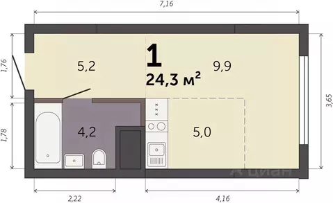 Студия Свердловская область, Екатеринбург Южный жилрайон,  (24.3 м)