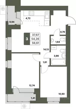 3-к кв. Башкортостан, Уфимский район, с. Миловка  (56.61 м)