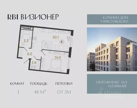 1-к кв. Санкт-Петербург Средняя Колтовская ул. (48.0 м)