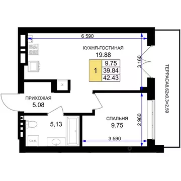 1-к кв. Калининградская область, Гурьевск Включи жилой комплекс (42.43 ...