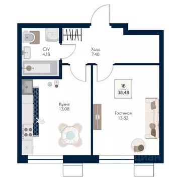 1-к кв. Московская область, Мытищи Бархат жилой комплекс (38.48 м)