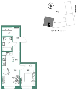 2-к кв. Свердловская область, Екатеринбург пер. Базовый, 10 (43.44 м)