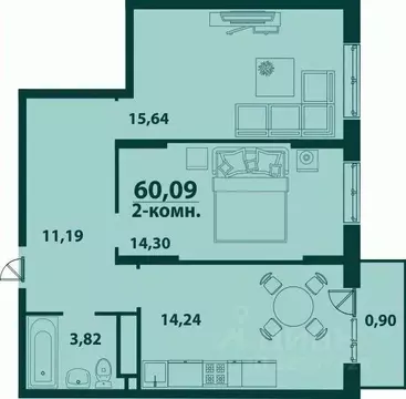 2-к кв. Ульяновская область, Ульяновск ул. Аблукова, 24 (60.08 м)
