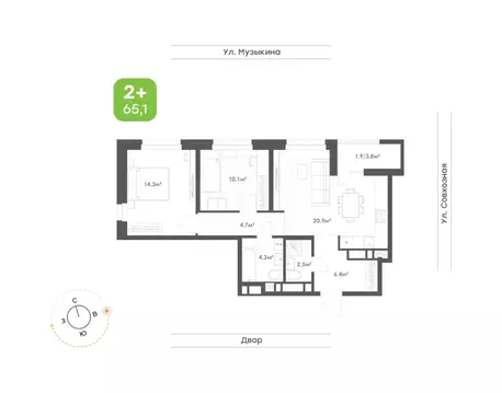 2-к кв. Хабаровский край, Хабаровск Совхозная ул. (65.1 м)