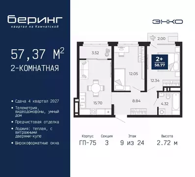 2-к кв. Тюменская область, Тюмень Беринг жилой комплекс (57.37 м)