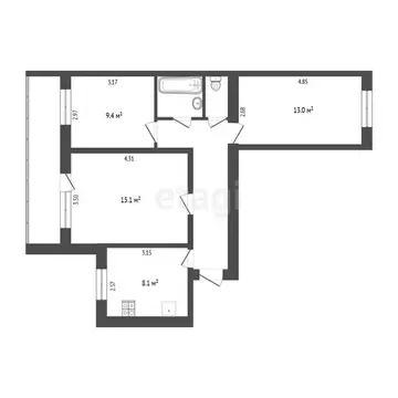 3-комнатная квартира: Тюмень, улица Самарцева, 34А (60 м)