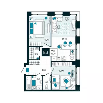 2-к кв. Тульская область, Тула ул. Чмутова, 158Д (56.31 м)