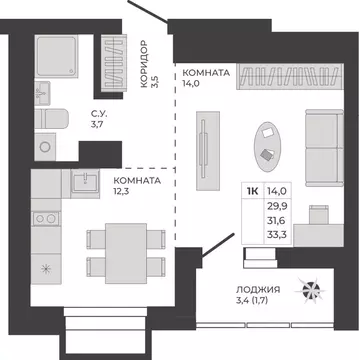 1-к кв. Алтайский край, Барнаул тракт Павловский, 251Б (31.6 м)