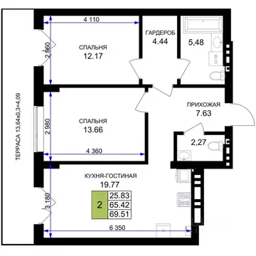 2-к кв. Калининградская область, Гурьевск Включи жилой комплекс (69.51 ...