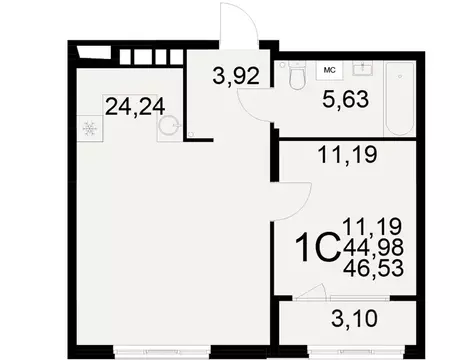 1-к кв. Рязанская область, Рязань ул. Бирюзова (44.98 м)