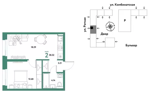 2-комнатная квартира: Екатеринбург, Ленинский район (38.32 м)