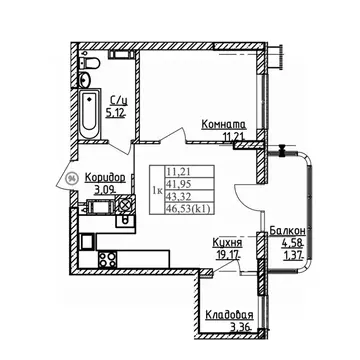 1-к кв. Калининградская область, Калининград ул. Дубовая Аллея (43.32 ...