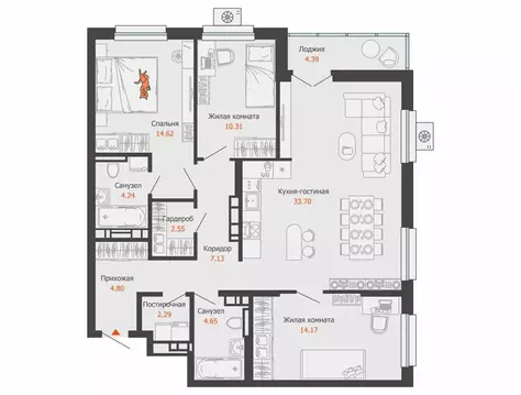 3-комнатная квартира: Ижевск, улица Холмогорова, 121 (101 м)