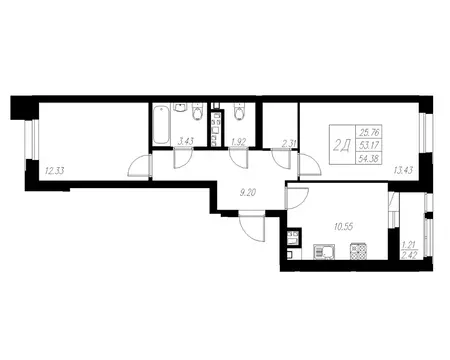 2-к кв. Татарстан, Казань Статный жилой комплекс, 1 (54.38 м)
