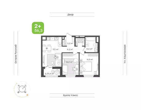 2-к кв. Приморский край, Владивосток ул. 3-я Поселковая, 16/2 (56.3 м)
