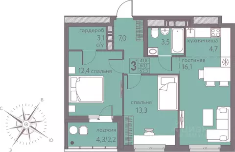 Студия Пермский край, Пермь ул. Серебристая, 7 (62.3 м)