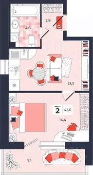 2-к кв. Тульская область, Тула ул. Академика Насоновой, 1А (42.6 м)