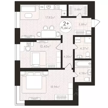 2-к кв. Башкортостан, Уфа Южный-2 мкр,  (71.64 м)