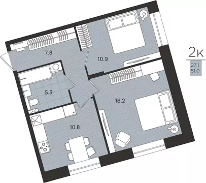 2-к кв. Пермский край, Пермский муниципальный округ, с. Гамово  (51.0 ...