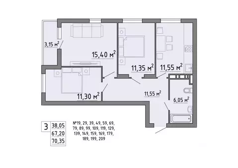 3-к кв. Липецкая область, Липецк Агрономическая ул. (70.35 м)