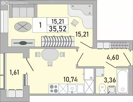 1-комнатная квартира: Уфа, Бакалинская улица, 9/1 (35.52 м)