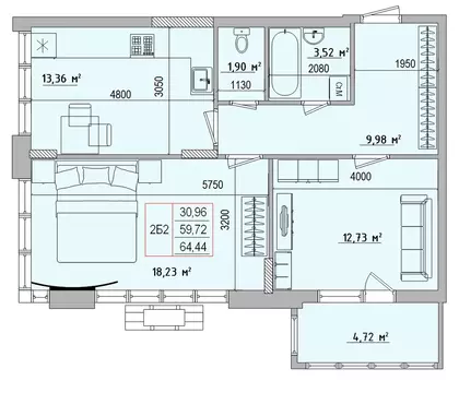2-к кв. Белгородская область, Белгород Славянская ул. (64.44 м)