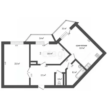 2-к кв. Тюменская область, Тюмень ул. Малыгина, 2 (89.2 м)
