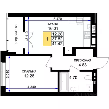 1-к кв. Калининградская область, Гурьевск Включи жилой комплекс (41.42 ...