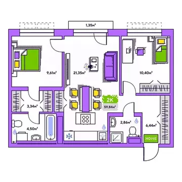 2-к кв. Тюменская область, Тюмень Полевая ул., 93к1 (59.84 м)