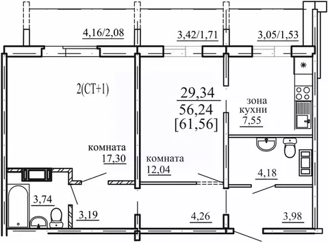 2-к кв. Челябинская область, Челябинск ул. Маршала Чуйкова, 26 (56.24 ...
