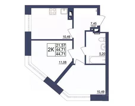 2-к кв. Башкортостан, Уфа Космос жилой комплекс, лит1 (44.91 м)
