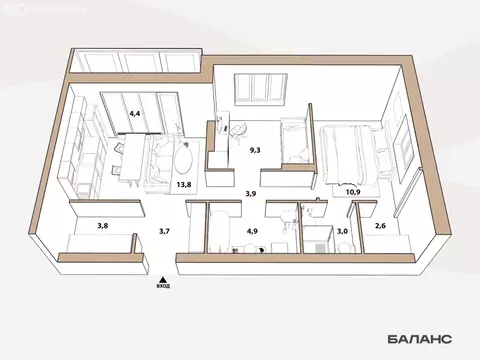 2-комнатная квартира: Тюмень, улица Республики, 204к17 (55.9 м)