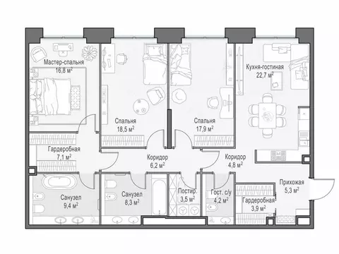 3-комнатная квартира: Москва, жилой комплекс Лайф Тайм (129.3 м)