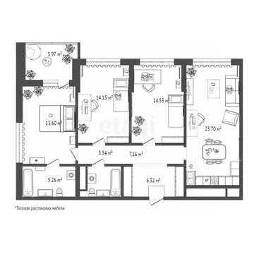 3-к кв. Тюменская область, Тюмень ул. Пожарных и Спасателей, 8 (90.5 ...