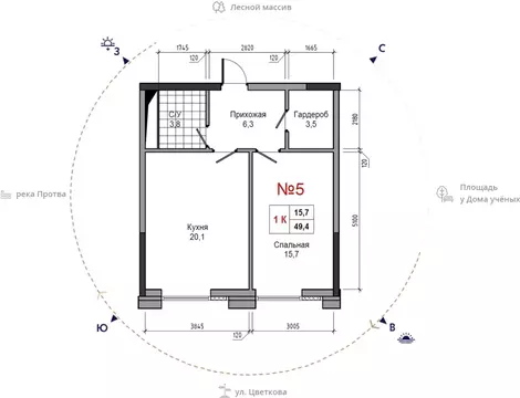 1-к кв. Калужская область, Обнинск ул. Усачева (49.4 м)