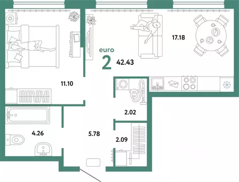 2-к кв. Тюменская область, Тюмень ул. 50 лет Октября, 63к2 (42.43 м)