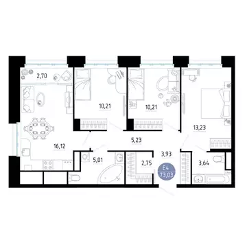 3-к кв. Рязанская область, Рязань ул. Ленинского Комсомола (73.03 м)