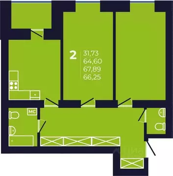 2-к кв. Башкортостан, Уфа ул. Михаила Зайцева, 6 (66.4 м)