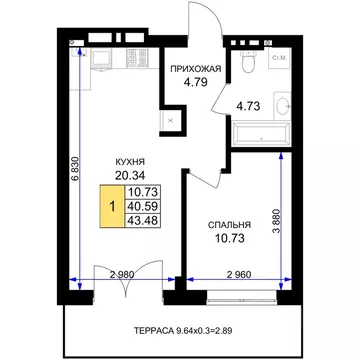 1-к кв. Калининградская область, Гурьевск Включи жилой комплекс (43.48 ...