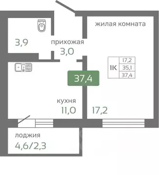 1-к кв. Красноярский край, Красноярск Норильская ул., с2 (37.4 м)