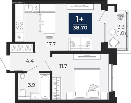 1-комнатная квартира: Тюмень, проезд Капитана Куликова, 5 (41 м)