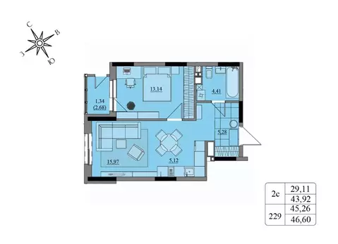 2-к кв. Удмуртия, Ижевск Краски Леса жилой комплекс (45.26 м)