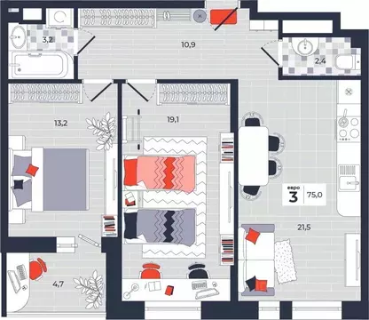 3-к кв. Тульская область, Тула ул. Академика Насоновой, 1А (75.0 м)