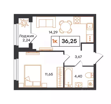 1-к кв. Тюменская область, Тюмень Фатера жилой комплекс (36.25 м)