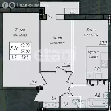 3-комнатная квартира: Курск, улица Энгельса, 158к2 (59.5 м)