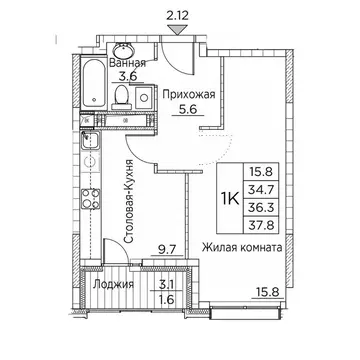 1-к кв. Приморский край, Владивосток ул. Расула Гамзатова, 7к2 (37.8 ...