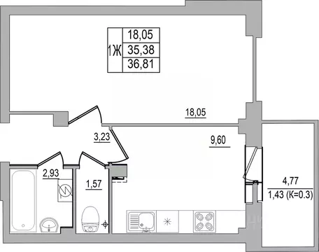 1-к кв. Псковская область, Псков ул. Юности, 32 (36.81 м)