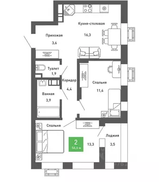 2-к кв. Воронежская область, Воронеж Ключи мкр, Ключи-клаб жилой ...